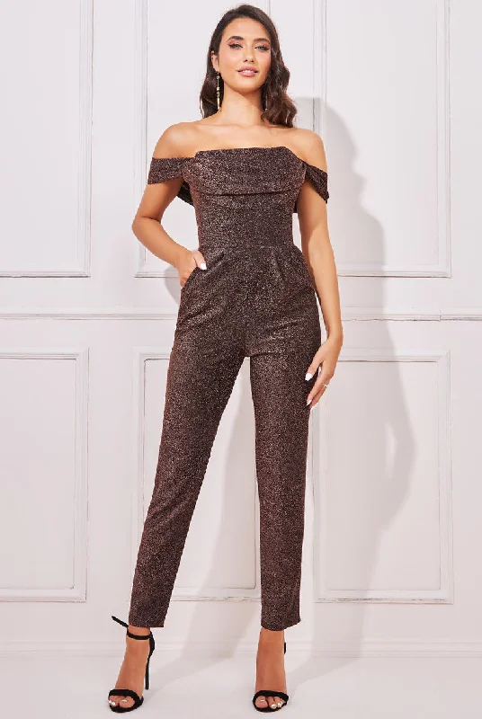 Goddiva Lurex Cowl Bardot Jumpsuit