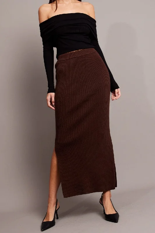 Brown Knit Skirt High Rise