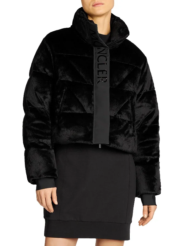 Bourdon Womens Faux Fur Short Puffer Jacket