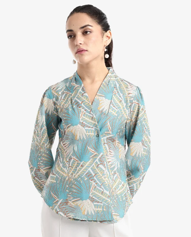 Rareism Women'S Alici Blue Bishop Sleeve Over Lap Neck Abstract Print Top