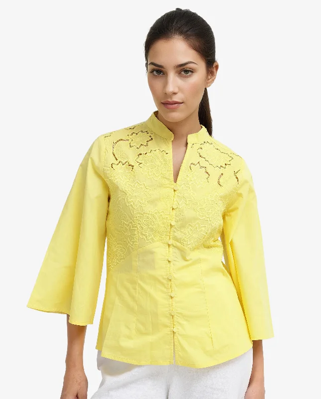 Rareism Women'S Badgle-T Pastel Yellow Cotton Fabric Full Sleeve Collared Neck   Embroidered Top