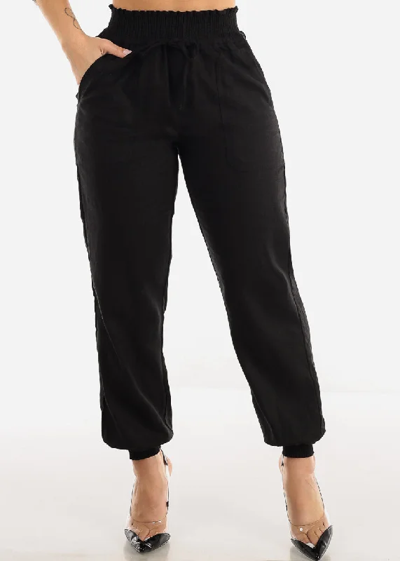 Black Linen High Rise Spandex Waist Jogger Pants