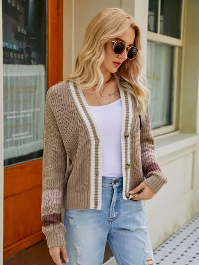 contrast-button-up-dropped-shoulder-cardigan