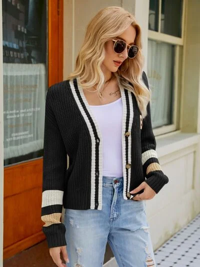 contrast-button-up-dropped-shoulder-cardigan