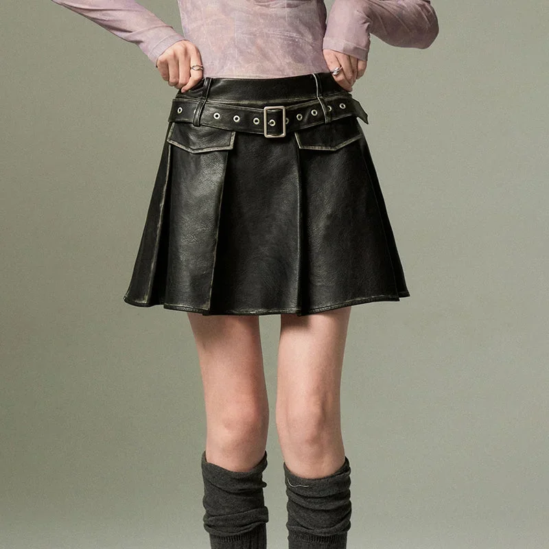 Retro Leather Belt Pleated Skirt