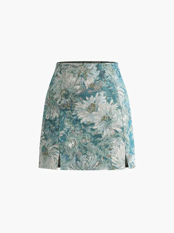 Floral Embroidery Split Mini Skirt