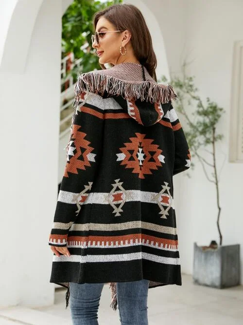 fringe-geometric-hooded-long-sleeve-cardigan