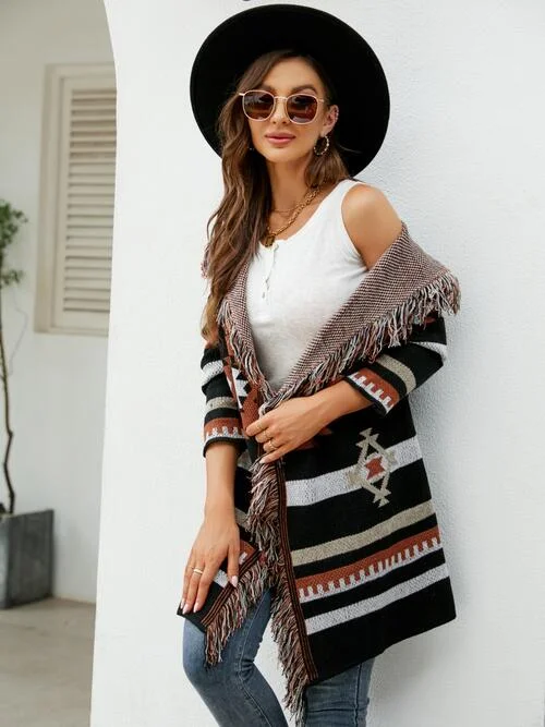 fringe-geometric-hooded-long-sleeve-cardigan