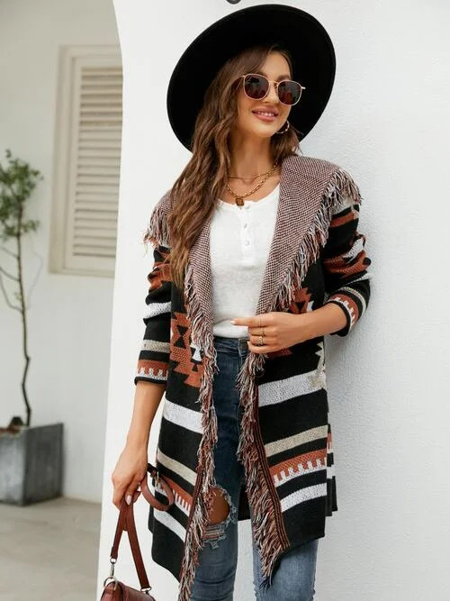 fringe-geometric-hooded-long-sleeve-cardigan