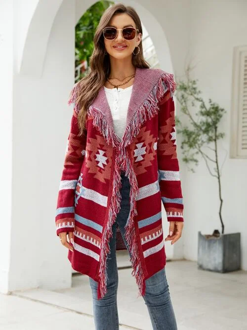 fringe-geometric-hooded-long-sleeve-cardigan