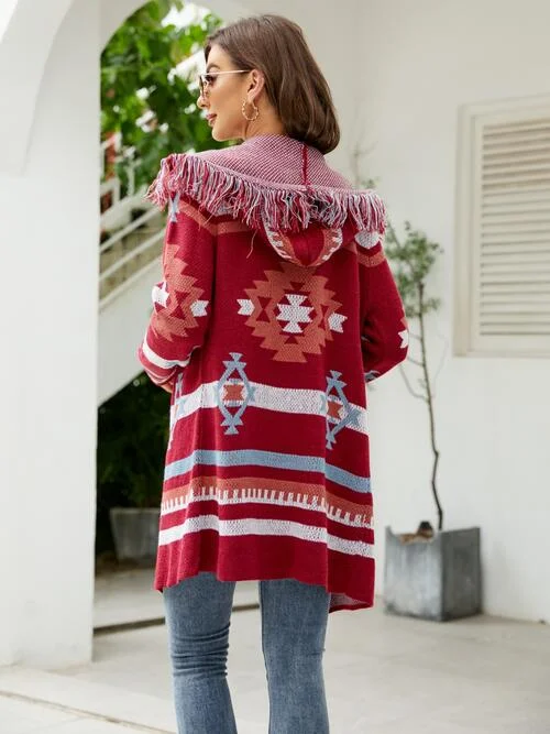 fringe-geometric-hooded-long-sleeve-cardigan