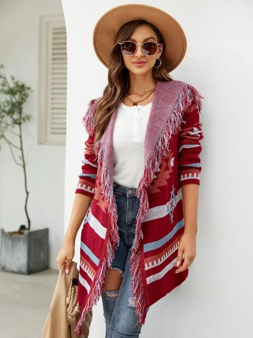 fringe-geometric-hooded-long-sleeve-cardigan