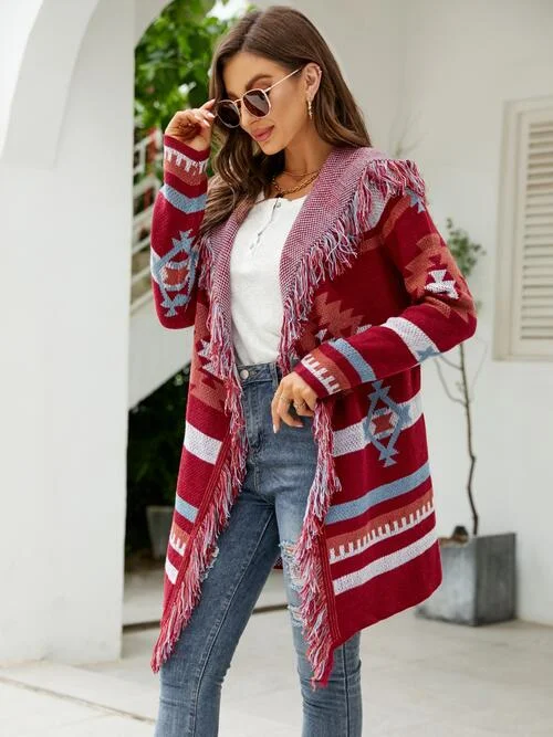 fringe-geometric-hooded-long-sleeve-cardigan