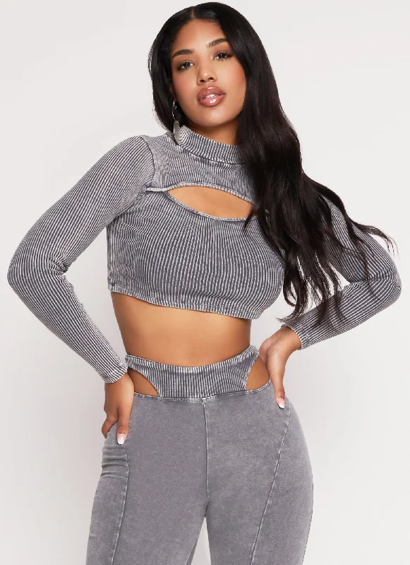 Acid Wash Keyhole Long Sleeve Crop Top