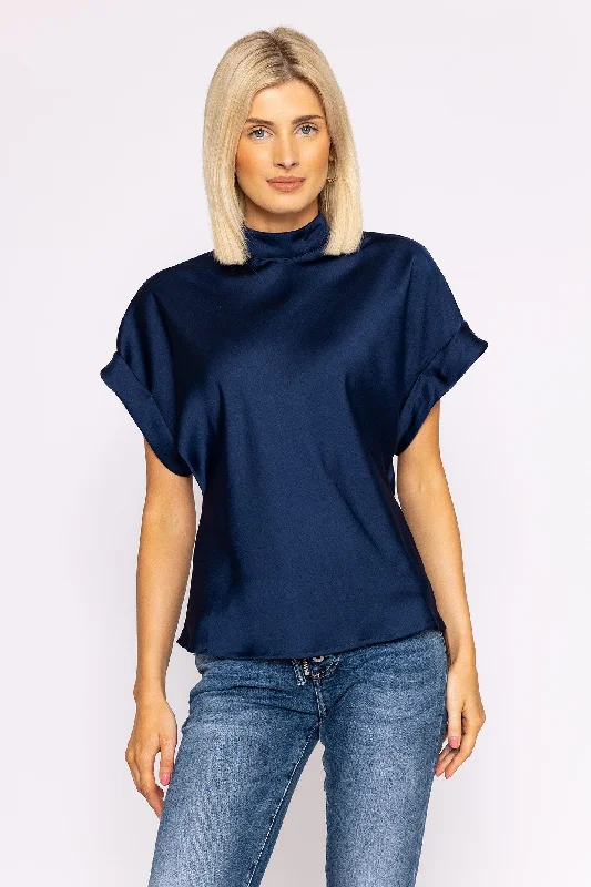 High Neck Sateen Top in Navy