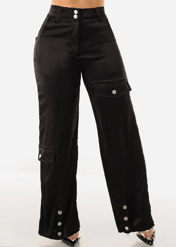 High Waist Black Wide Leg Satin Cargo Pants