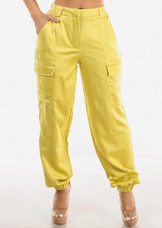 High Waist Satin Cargo Jogger Pants Mustard