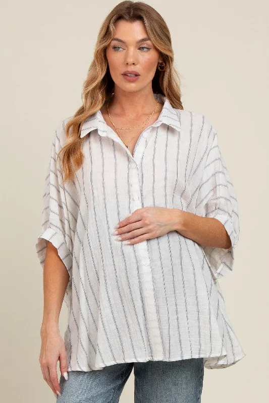 Ivory Striped Collared Oversized Maternity Top