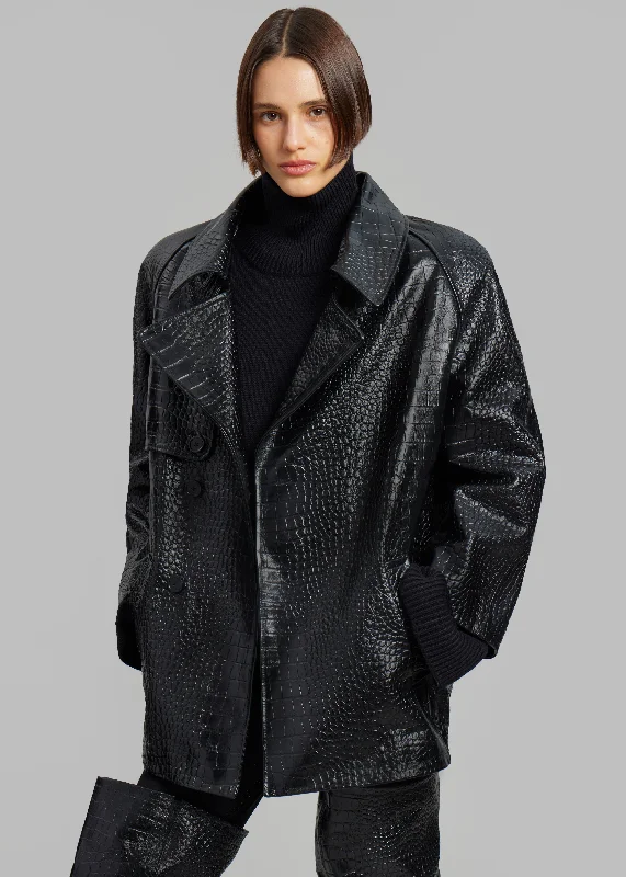 Jackie Croc-Effect Coat - Black