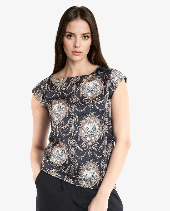 Rareism Women's Kanama-T Black Extended Sleeves Boat Neck Ornamental Print Top