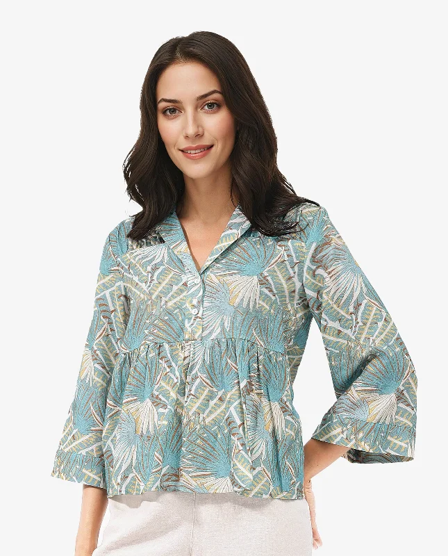 Rareism Women'S Karrara Dusky Blue Button Closure 3/4Th Sleeve Lapel Neck Abstract Print Top