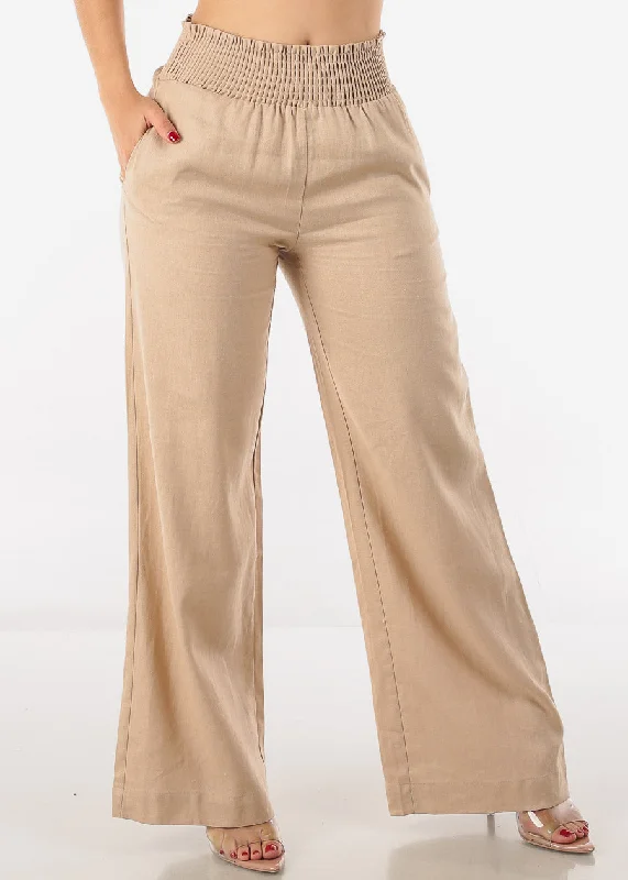 Khaki High Rise Spandex Waist Wide Leg Linen Pants