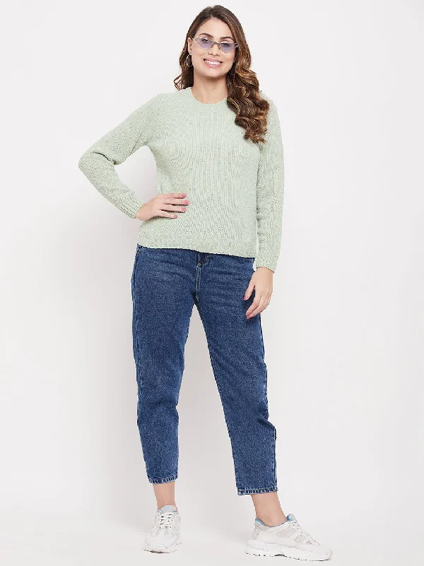 Madame Solid Mint Green Crew Neck Sweater