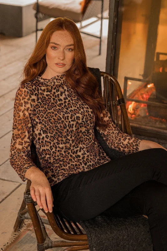 Mesh High Neck Top in Leopard Print