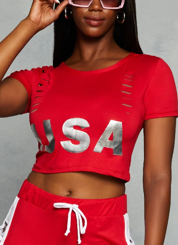 Slashed Foil USA Graphic Crop Top