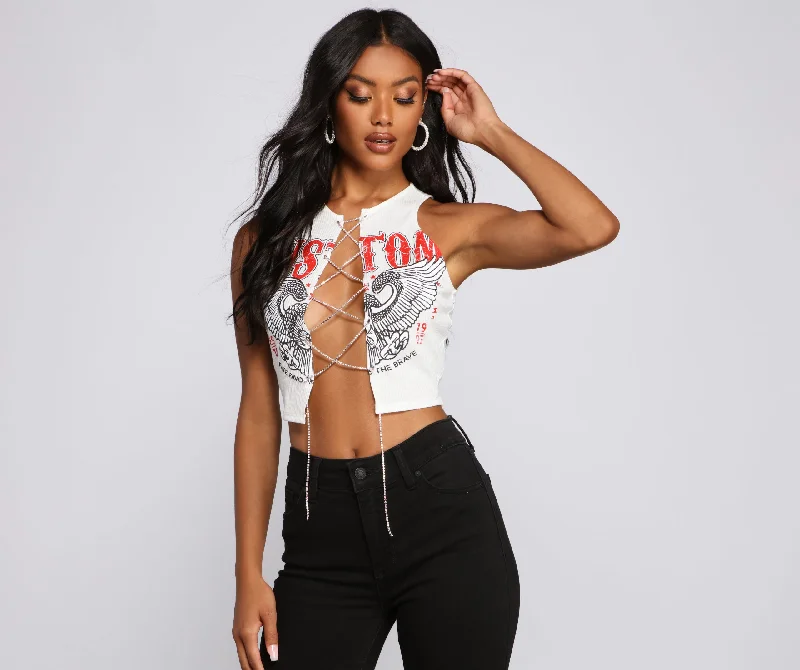 Rock N'Glam Rhinestone Lace-Up Crop Top