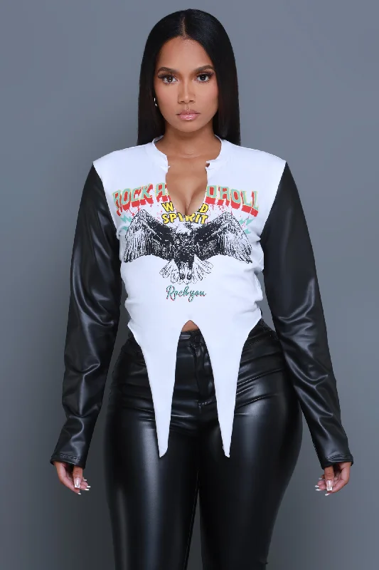 Rock On Faux Leather Sleeve Graphic Top - White/Black