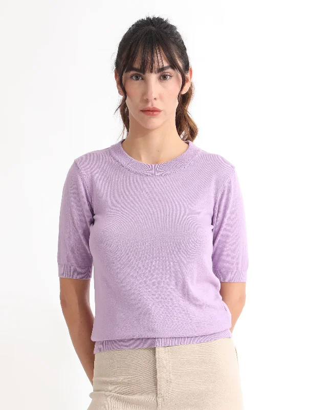 Rareism Women'S Rohrdo Pastel Purple Viscose Fabric Short Sleeves Round Neck Regular Fit Plain Sweater