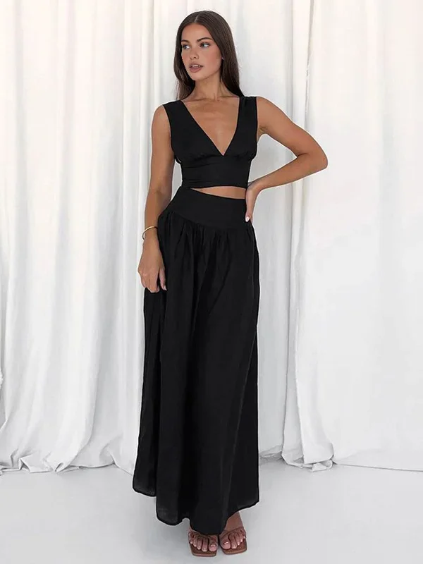 Solid Tie Knot V Neck Skirt Set