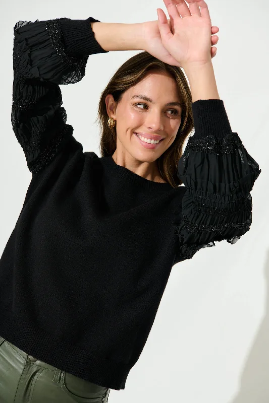 Tearose Knit In Black With Sleeve Sequin Detail Wool Blend