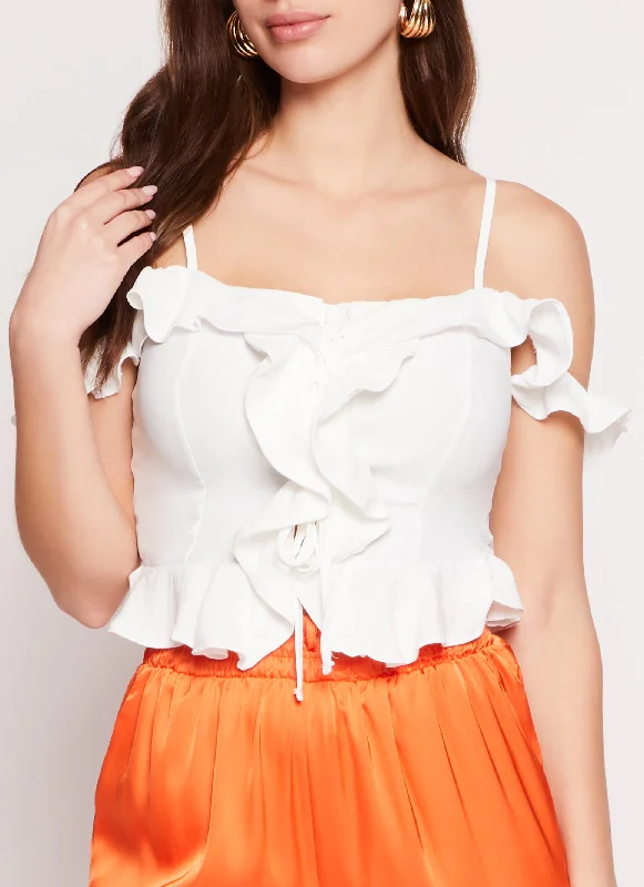 Iris Ruffle Trim Lace Up Cold Shoulder Blouse